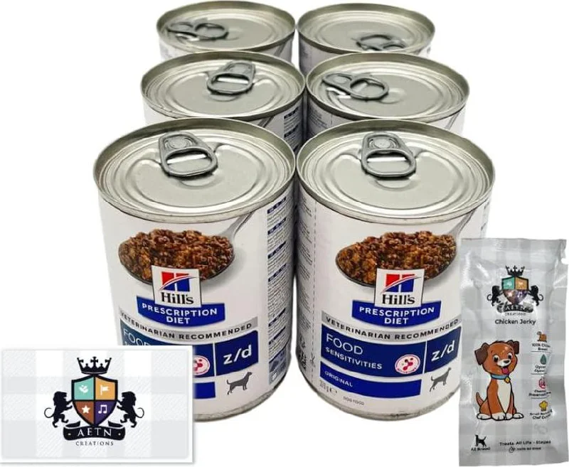 AETN Creations Prescription Diet Z/D Skin Food Sensitivities Wet Dog Pack 6x370g Tins Plus Jerky Treat For Adult Dogs With Allergies