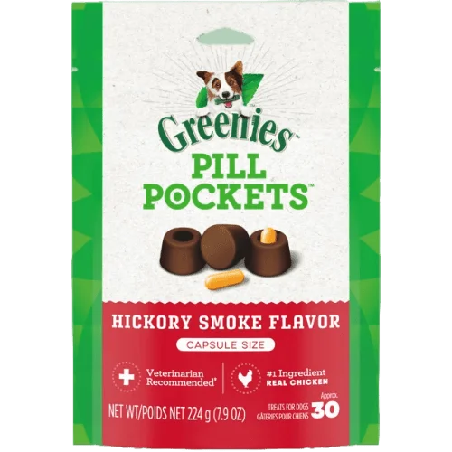 Pill Pockets Adult Dog Treats Capsule Size Hickory Smoke Flavour, 30 Treats 224g (7.9oz)-Greenies