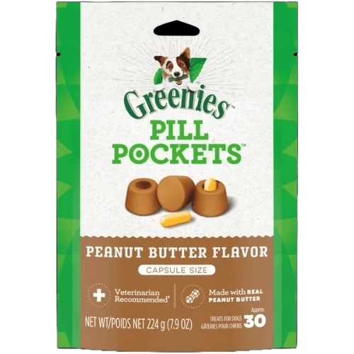 Pill Pockets Adult Dog Treats Capsule Size Peanut Butter Flavour, 30 Treats 224g (7.9oz)-Greenies