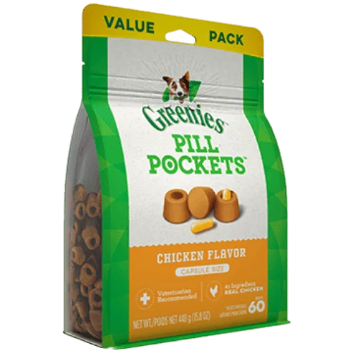 Pill Pockets Adult Dog Treats Capsule Size Value Pack Chicken Flavour, 60 Treats 448g (15.8oz)-Greenies